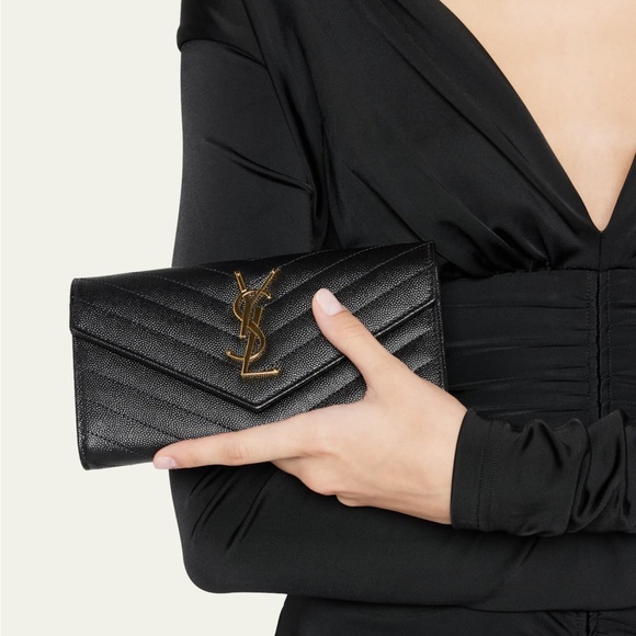New! YSL SAINT LAURENT Long Flap Wallet In Grain Embossed Leather MSRP $930 - Picture 4 of 11